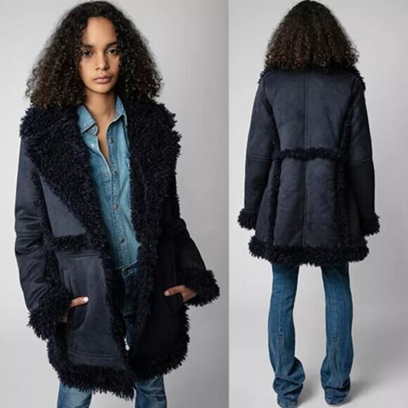 NEW Zadig & Voltaire Festif Faux Shearling Button Maxi Coat Navy Blue Size: S - Picture 1 of 7